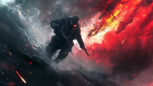 Armored soldier advancing through apocalyptic firestorm.