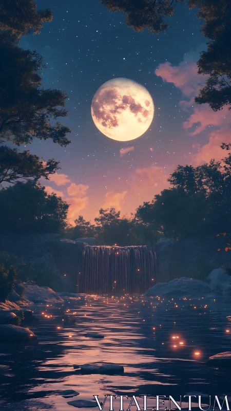 Full moon illuminates tranquil forest waterfall and river