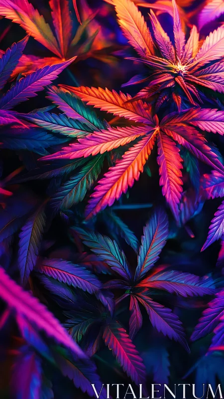 Cannabis leaves under multicolor gradient lighting at night.