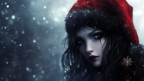 Winter midnight girl with crimson hood and quiet magic.