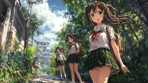 Anime schoolgirls on sunlit urban hillside path with foliage