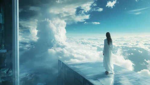 Serene dreamer in white gently explores a glowing sky terrace