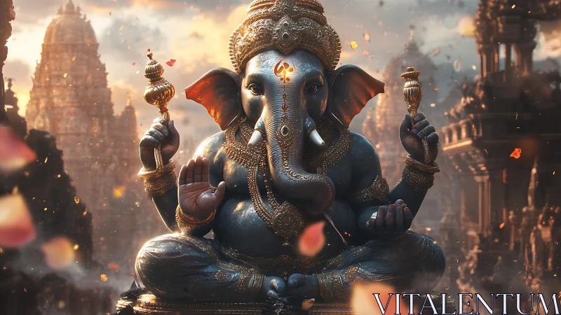 Majestic Ganesha sculpture glows before ancient temple spires