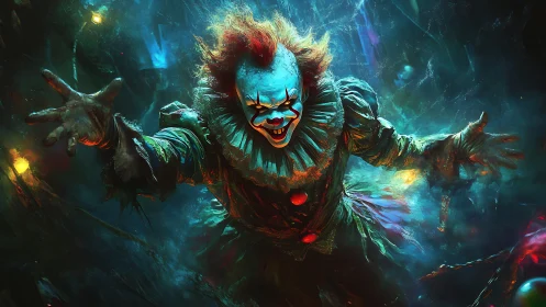 Menacing clown lunges forward in glowing neon darkness.