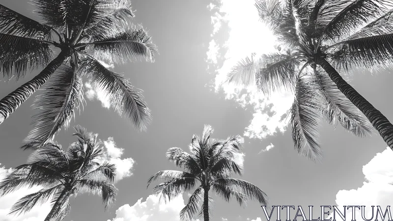 Monochrome palm trees under bright tropical midday sky.