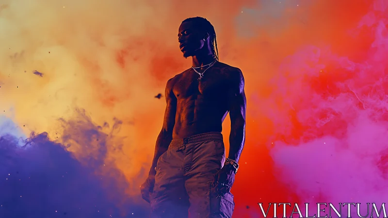 Shirtless man stands in colored smoke under dramatic lighting