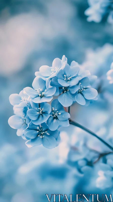 Blue and White Clustered Blossoms Against Luminous Sky Backdrop.