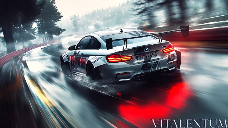 BMW race car powers through wet night track in motion.