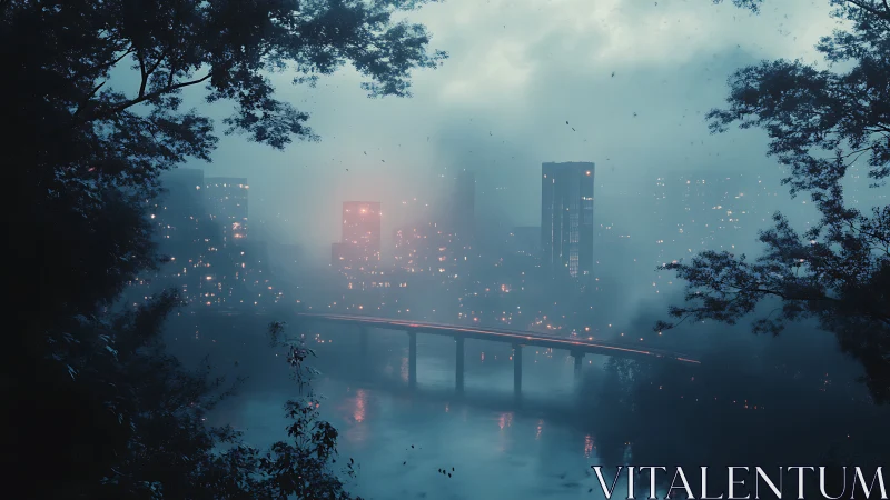 Foggy river bridge crosses toward distant illuminated city