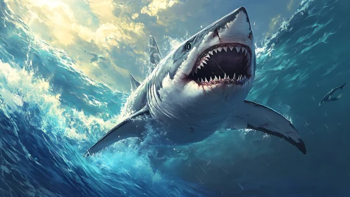 Great white shark leaping through stormy ocean waves.