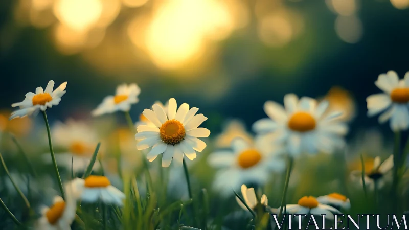 Daisies in meadow with bokeh background lighting.