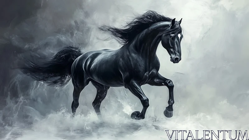 Midnight black stallion charges through swirling silver mist