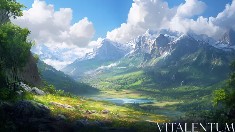 Expansive alpine valley rendered in high-detail digital painting