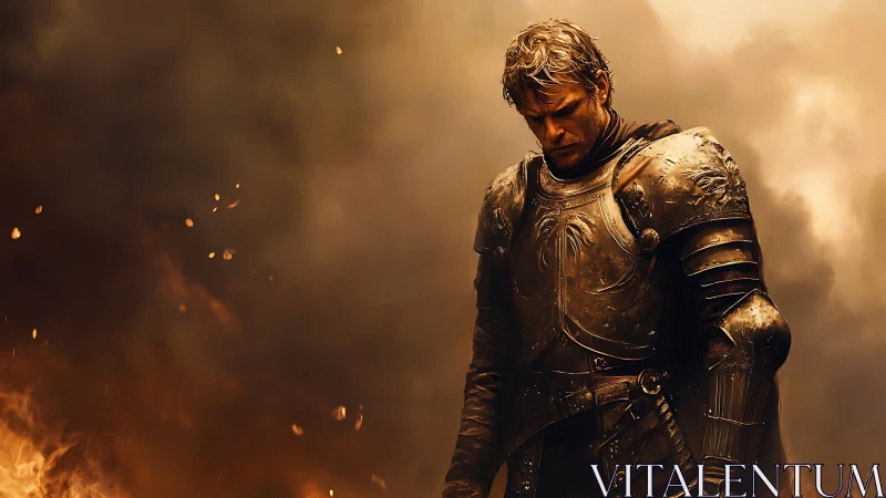 Battle worn knight in heavy armor amid smoke and fire.
