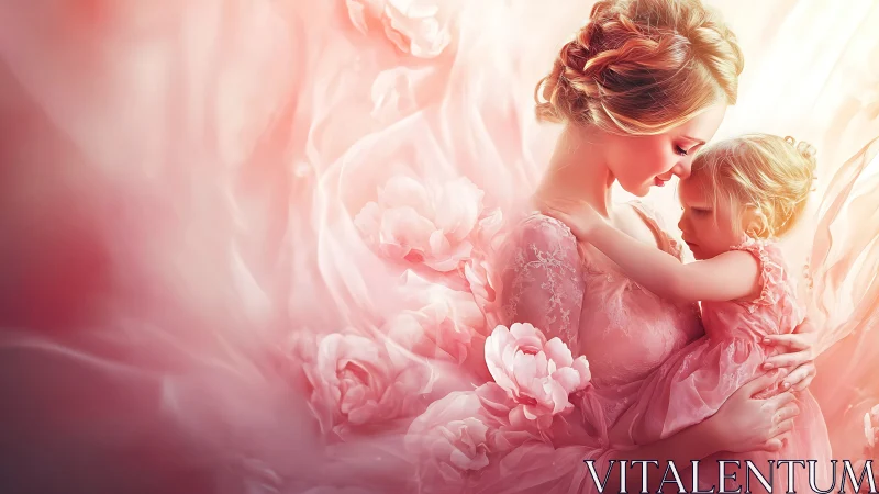 Mother and Child in Flowing Pink Florals.