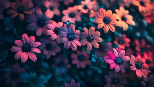 Vivid Daisies in Blue Twilight Garden.
