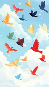 Color-saturated vector flock ascends across stylized sky