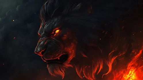 Blazing lion spirit rising from storm-darkened embers.