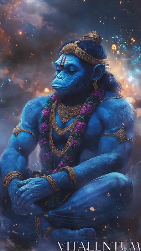 Celestial blue simian deity meditates within cosmic fire.