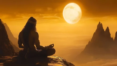 Solitary figure meditating on cliff under large full moon.
