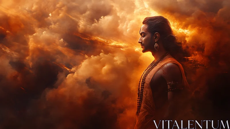 Profile of robed man amid dense orange storm clouds.