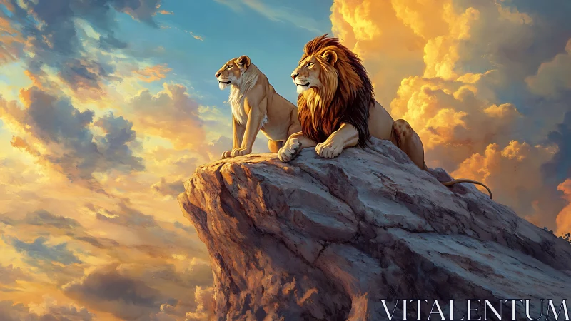 Two lions positioned on rocky outcrop with dramatic golden hour cloud formations