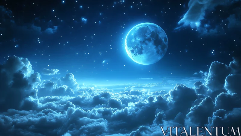 Luminous lunar sphere above volumetric noctilucent cloudfield.