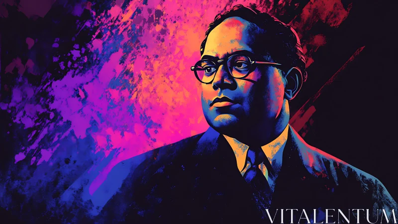 Portrait of a suited man rendered in high-contrast neon colors