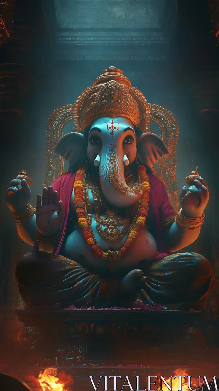 Luminous Ganesha in ember-lit sanctuary of calm blessing.