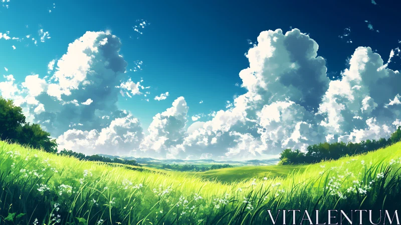 Digital landscape of grassy hills under cumulus clouds.