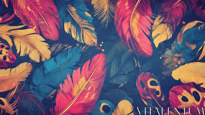 Colorful layered feathers in bold abstract pattern design.