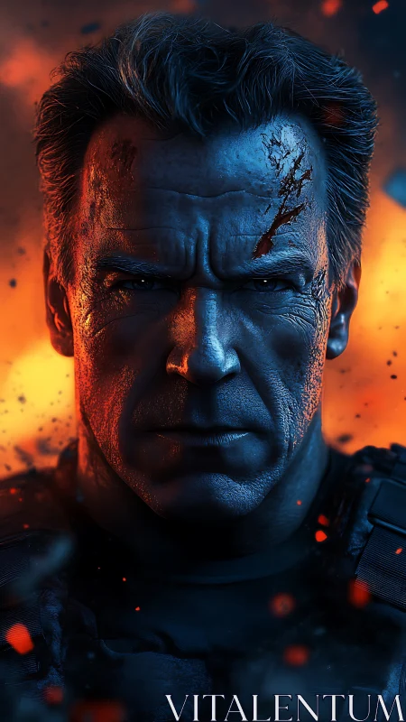 Battle-hardened hero stands strong in glowing firelight.