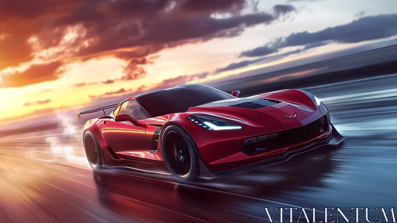 High-downforce red sports car accelerates across wet track at sunset