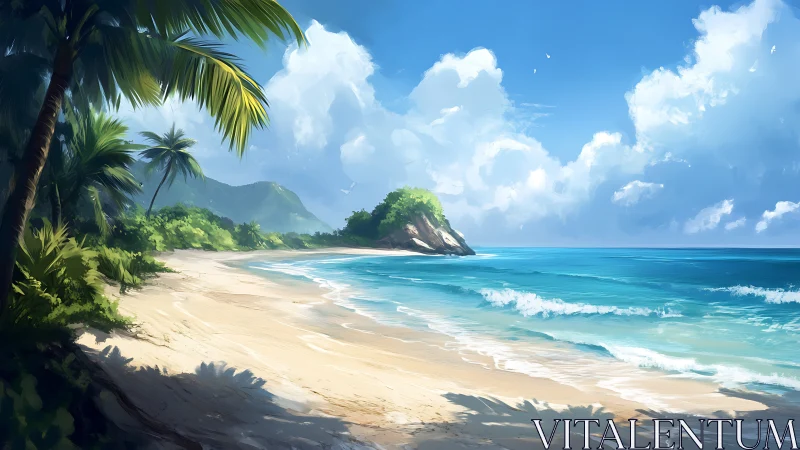 Tropical Coastal Paradise: Digital Rendering of Island Beach Landscape.