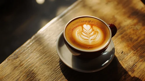 Latte art glows warmly on rustic wooden caf&eacute; table
