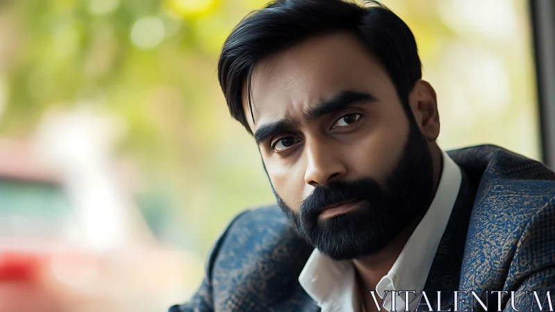 Thoughtful bearded man gazes ahead in soft natural light