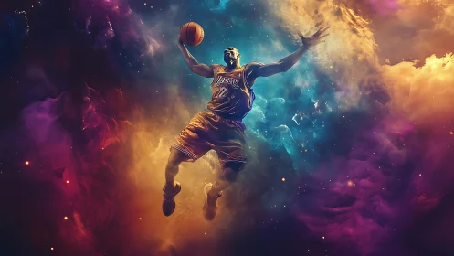 Basketball player soaring through vivid cosmic nebula sky