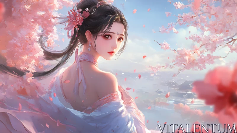 Spring blossoms circling a gentle gaze over distant waters.