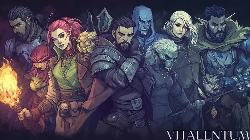 Fantasy adventuring party lineup in dramatic teal lighting.