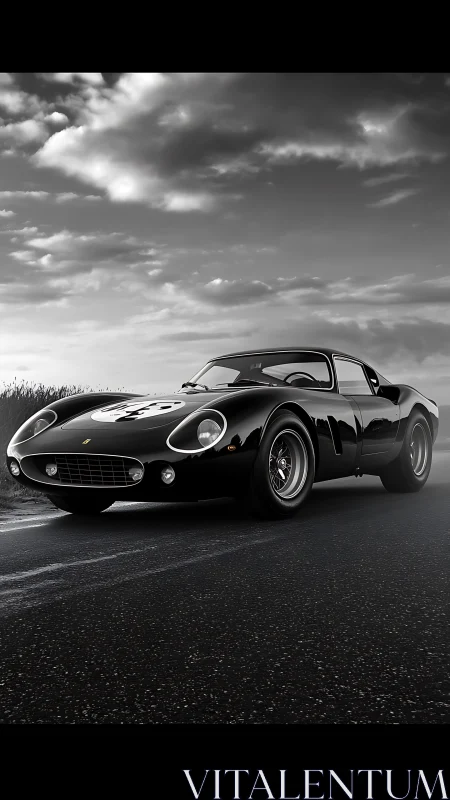 Monochrome classic sports car on open road, low-angle study.