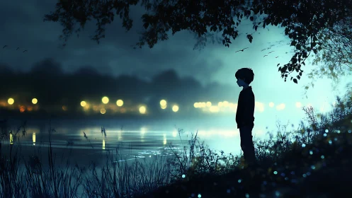 Silhouetted child at misty lakeshore under nocturnal bokeh glow