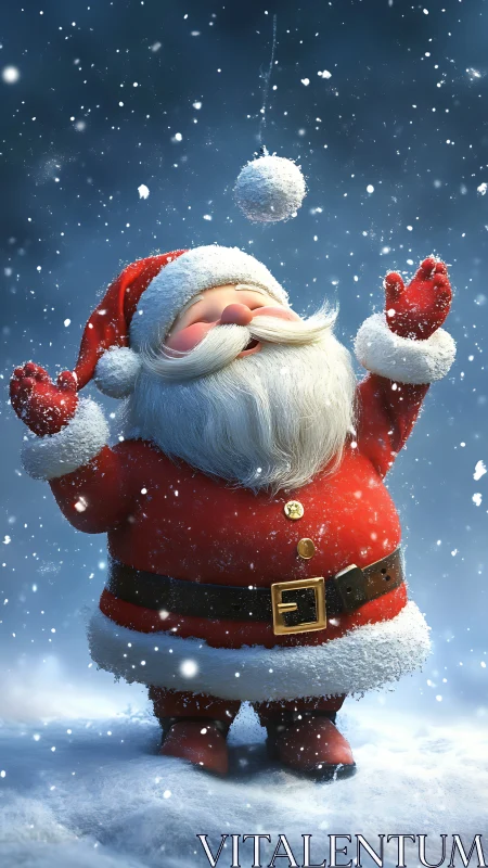 Joyful cartoon Santa Claus playing in falling snow.