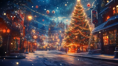 Nighttime snow-covered city street shows dense festive lighting