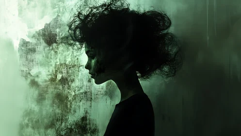 Haunting green silhouette dissolves into abstract shadows.