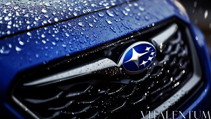 Photorealistic close-up of blue car grille with water droplets.