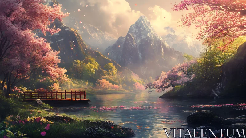 Mountain lake landscape shows cherry trees and red bridge