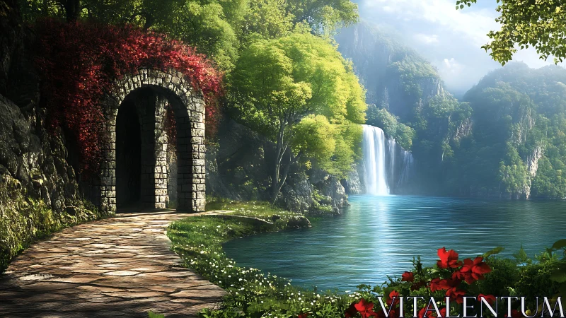 Stone archway overlooks emerald lake and distant waterfall.