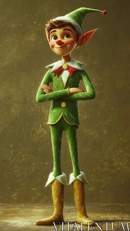 Stylized Christmas elf character in green suit and hat.