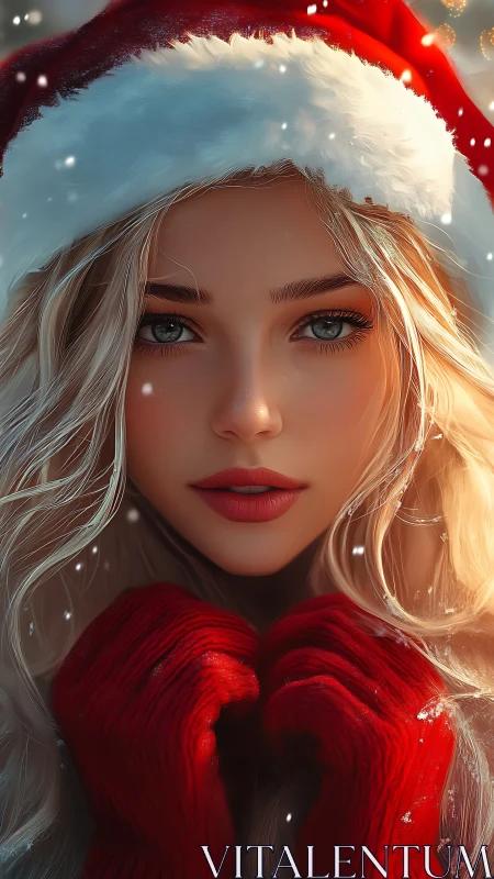 Digital close-up portrait of blonde woman in red Santa hat