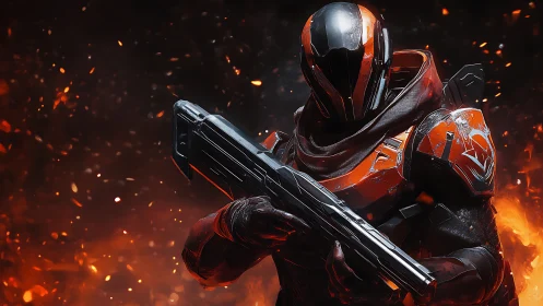 Armored sci fi soldier holding rifle in fiery embers scene.